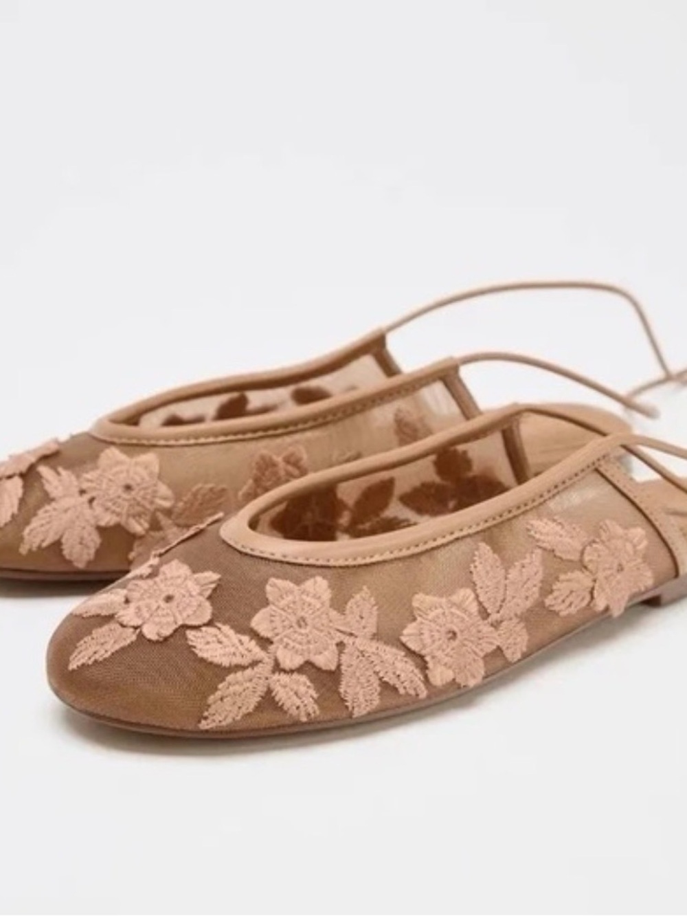 NWT Zara Nude Floral Embroidered Mesh Slingback Flats